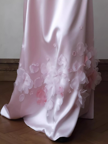 Romantic Strapless Pink Satin Evening Gown 3D Floral Sheath Prom Dress TP5598
