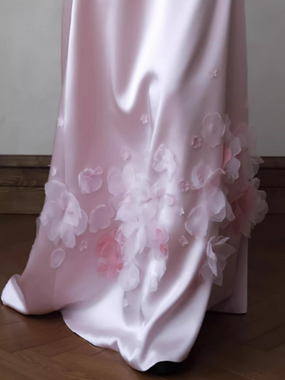 Romantic Strapless Pink Satin Evening Gown 3D Floral Sheath Prom Dress TP5598