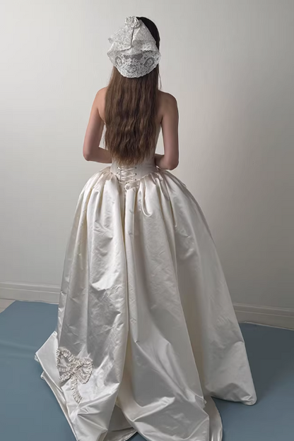 Elegant Strapless Ivory Satin 3D Floral & Bow A-Line Wedding Dress TP5600