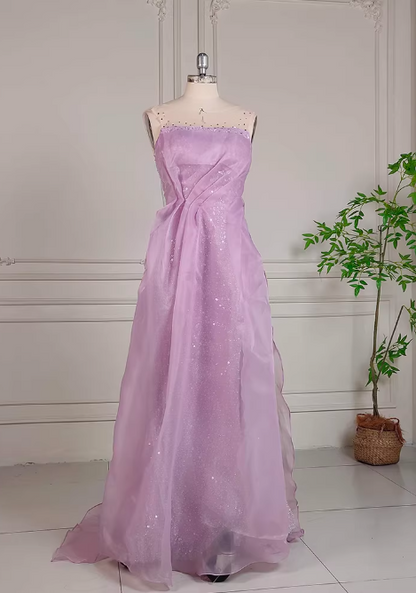 Ethereal Strapless Lavender Chiffon Evening Gown Sequin High Slit Prom Dress TP5601
