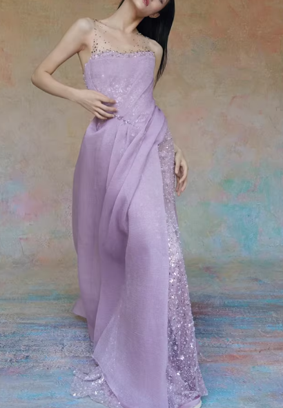Ethereal Strapless Lavender Chiffon Evening Gown Sequin High Slit Prom Dress TP5601
