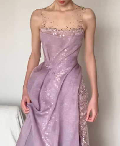Ethereal Strapless Lavender Chiffon Evening Gown Sequin High Slit Prom Dress TP5601