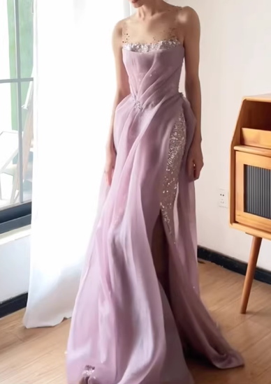 Ethereal Strapless Lavender Chiffon Evening Gown Sequin High Slit Prom Dress TP5601