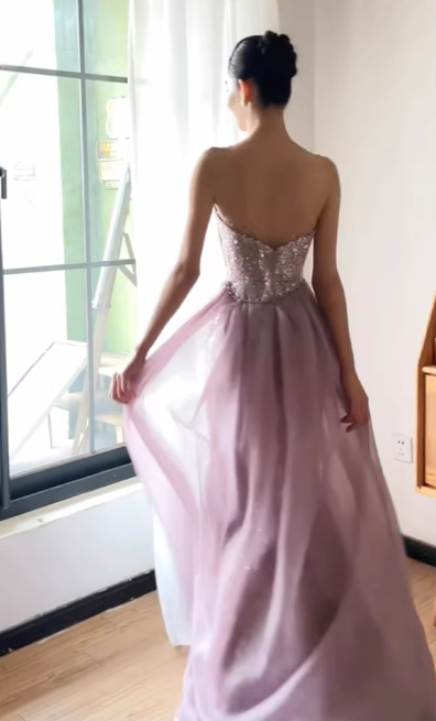 Ethereal Strapless Lavender Chiffon Evening Gown Sequin High Slit Prom Dress TP5601
