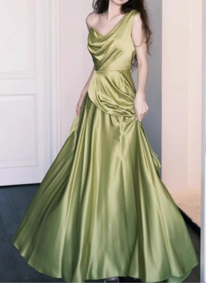 Ethereal One-Shoulder Olive Green Satin Evening Gown Draped A-Line Prom Dress TP5602