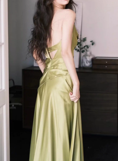 Ethereal One-Shoulder Olive Green Satin Evening Gown Draped A-Line Prom Dress TP5602