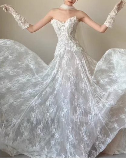 Enchanting Sweetheart Ivory Lace Tulle A-Line Wedding Dress TP5603