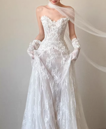 Enchanting Sweetheart Ivory Lace Tulle A-Line Wedding Dress TP5603