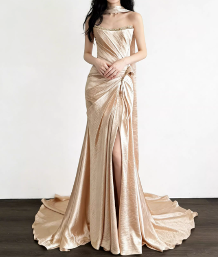 Glamorous Champagne Satin Evening Gown High Slit Draped Strapless Prom Dress TP5610