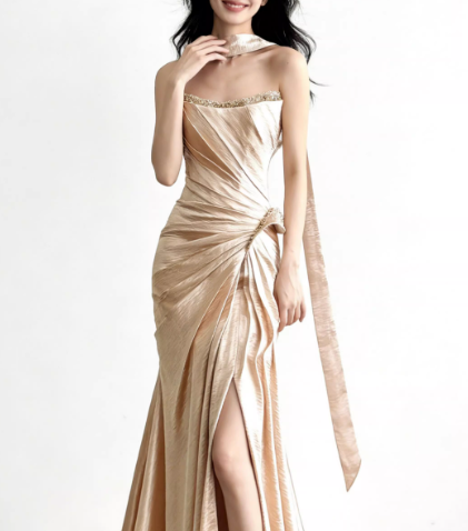 Glamorous Champagne Satin Evening Gown High Slit Draped Strapless Prom Dress TP5610