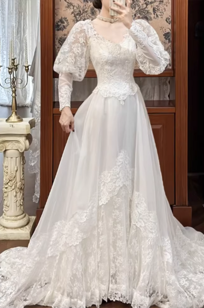 Vintage White Lace Long Puff Sleeve Tulle A-Line Wedding Dress TP5613