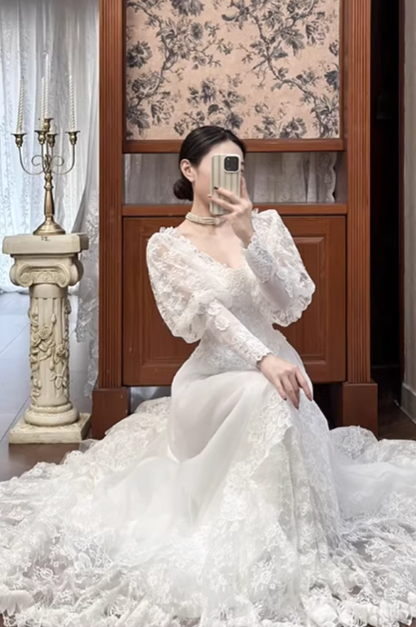 Vintage White Lace Long Puff Sleeve Tulle A-Line Wedding Dress TP5613