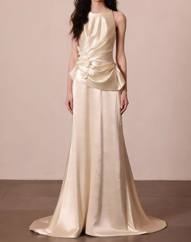 Champagne Satin Halter-Neck Ruched Evening Gown Draped Prom Dress TP5617