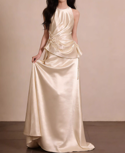 Champagne Satin Halter-Neck Ruched Evening Gown Draped Prom Dress TP5617