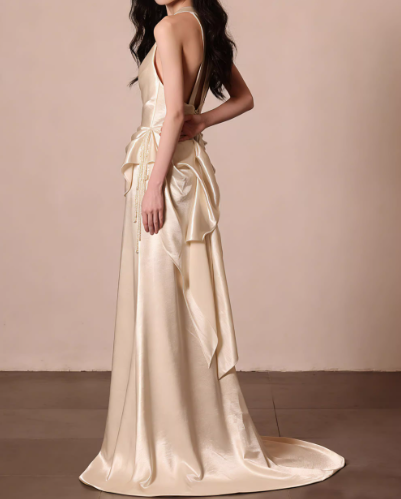 Champagne Satin Halter-Neck Ruched Evening Gown Draped Prom Dress TP5617