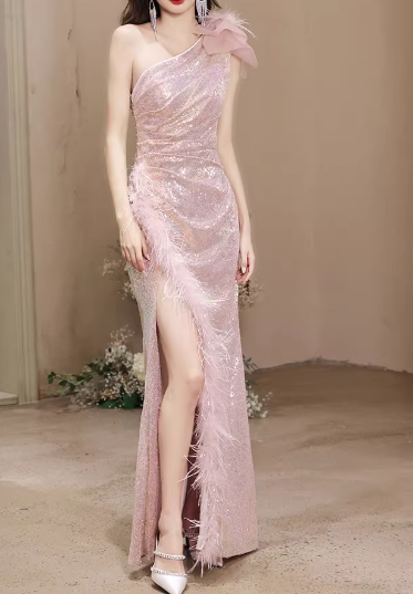 Elegant Pink Sequin One-Shoulder Feather-Trimmed Slit Sheath Prom Dress TP5619