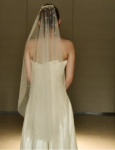 Vintage Ivory Tulle Bridal Veil Pearl-Beaded Wedding Veil TP5621