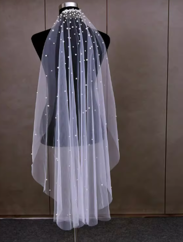 Vintage Ivory Tulle Bridal Veil Pearl-Beaded Wedding Veil TP5621