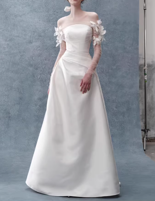 Vintage Ivory Off-the-Shoulder Satin Sheer Sleeve 3D Floral A-Line Wedding Dress TP5624
