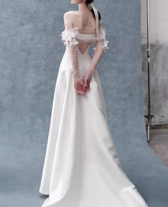 Vintage Ivory Off-the-Shoulder Satin Sheer Sleeve 3D Floral A-Line Wedding Dress TP5624