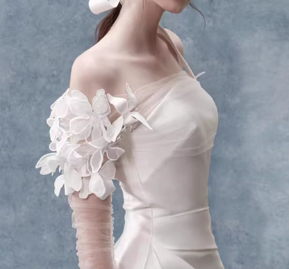 Vintage Ivory Off-the-Shoulder Satin Sheer Sleeve 3D Floral A-Line Wedding Dress TP5624