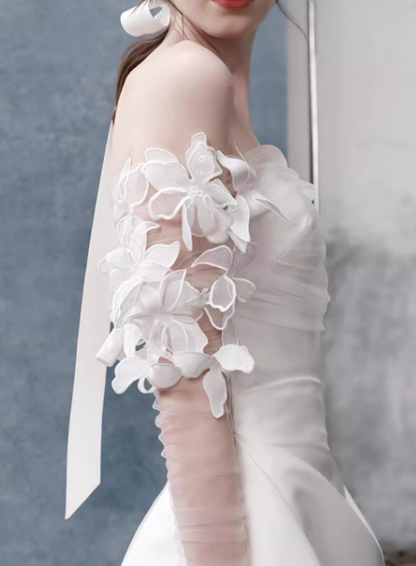 Vintage Ivory Off-the-Shoulder Satin Sheer Sleeve 3D Floral A-Line Wedding Dress TP5624