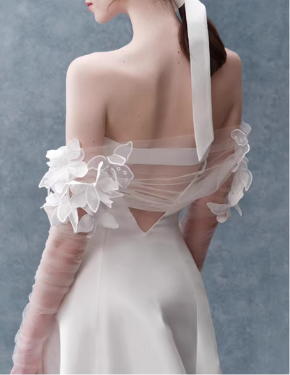 Vintage Ivory Off-the-Shoulder Satin Sheer Sleeve 3D Floral A-Line Wedding Dress TP5624