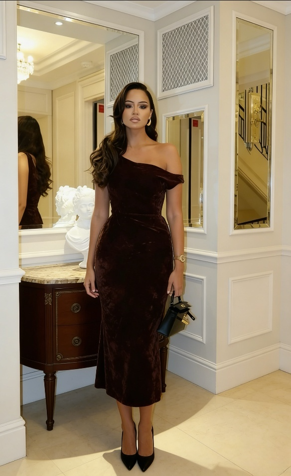 Vintage Brown Velvet Sheath One Shoulder Formal Evening Dress TP1900