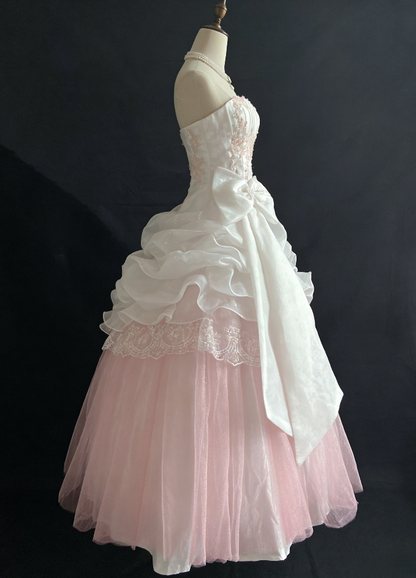 Vintage Pink Strapless Chiffon Sweet 16 Quinceanera A-Line Ruffles Ball Gown TP4271