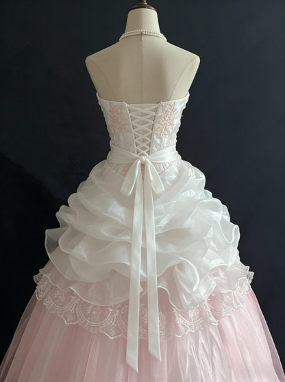Vintage Pink Strapless Chiffon Sweet 16 Quinceanera A-Line Ruffles Ball Gown TP4271