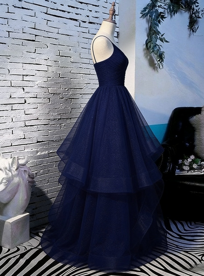 Beautiful Navy Blue Tulle V-neckline Spaghetti Straps A-Line Ball Gown TP02