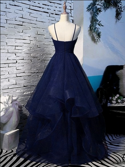 Beautiful Navy Blue Tulle V-neckline Spaghetti Straps A-Line Ball Gown TP02
