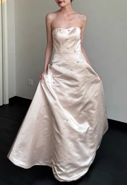 Dreamy Champagne Satin Prom Dress Strapless Beaded Evening Gown TP5651
