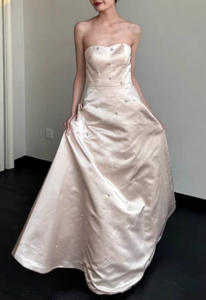 Dreamy Champagne Satin Prom Dress Strapless Beaded Evening Gown TP5651