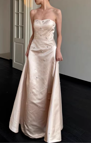 Dreamy Champagne Satin Prom Dress Strapless Beaded Evening Gown TP5651