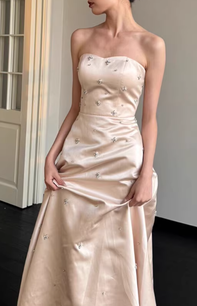 Dreamy Champagne Satin Prom Dress Strapless Beaded Evening Gown TP5651