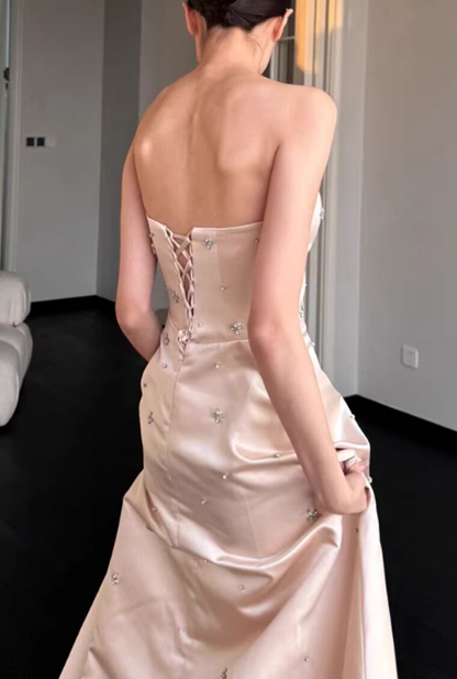 Dreamy Champagne Satin Prom Dress Strapless Beaded Evening Gown TP5651