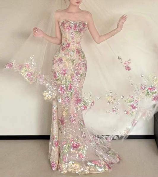 Glamorous Floral Sequin Bridal Gown  Enchanted Mermaid Wedding Dress TP5653