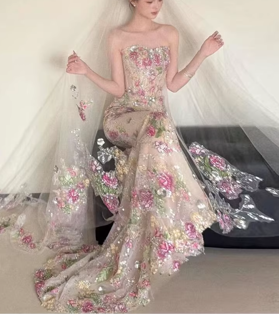 Glamorous Floral Sequin Bridal Gown  Enchanted Mermaid Wedding Dress TP5653