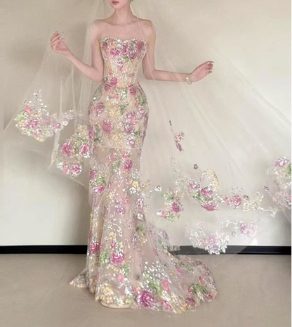 Glamorous Floral Sequin Bridal Gown  Enchanted Mermaid Wedding Dress TP5653