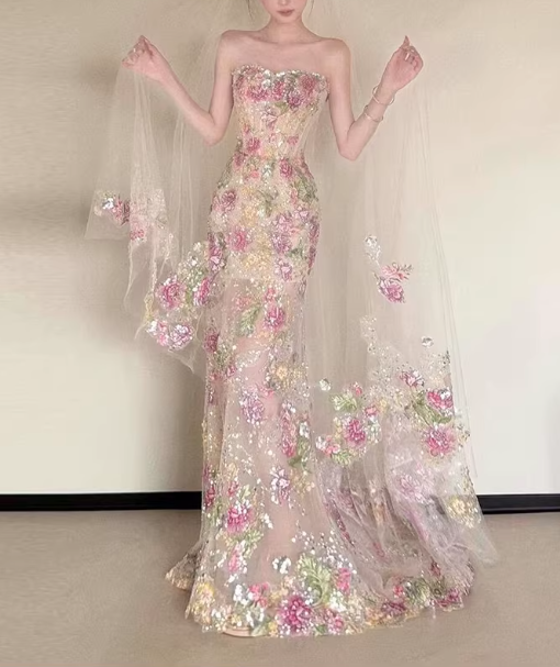 Glamorous Floral Sequin Bridal Gown  Enchanted Mermaid Wedding Dress TP5653