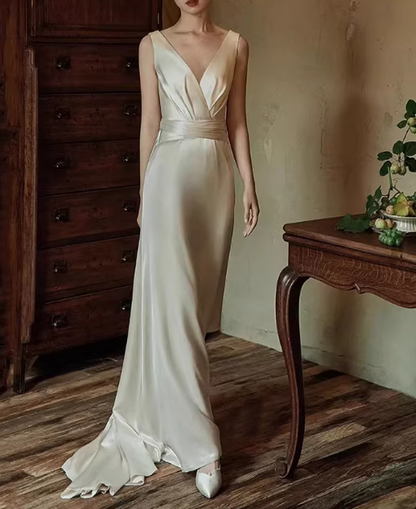 Glamorous Ivory V-Neck Satin Sheath Wedding Dress TP5654