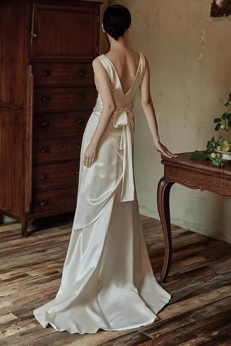 Glamorous Ivory V-Neck Satin Sheath Wedding Dress TP5654