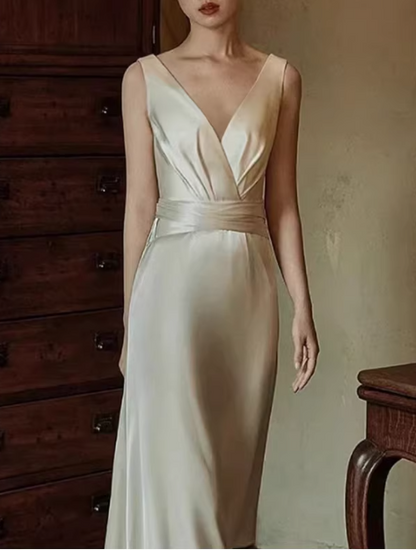 Glamorous Ivory V-Neck Satin Sheath Wedding Dress TP5654