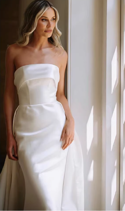 Glamorous Strapless Satin Bridal Gown Detachable Train Sheath Wedding Dress TP5655