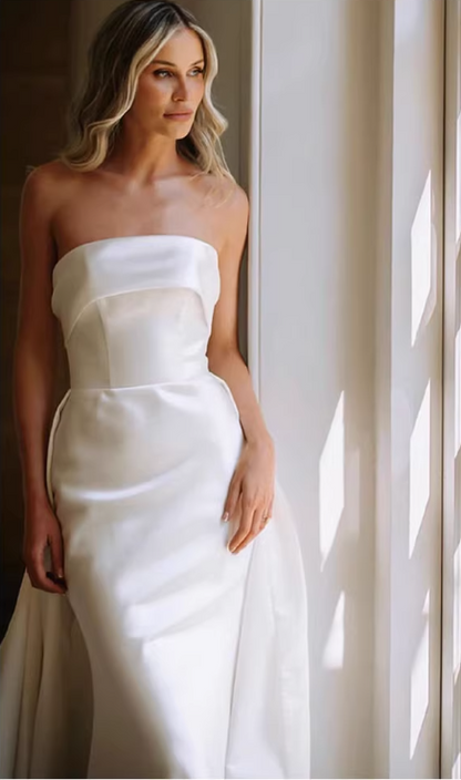 Glamorous Strapless Satin Bridal Gown Detachable Train Sheath Wedding Dress TP5655