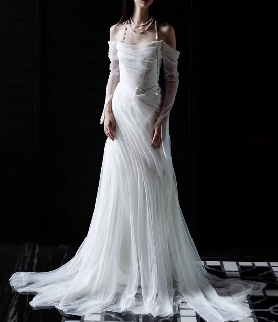Glamorous White Off-the-Shoulder Tulle Mermaid Wedding Dress with Sheer Long Sleeves TP5656