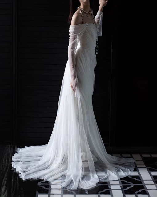 Glamorous White Off-the-Shoulder Tulle Mermaid Wedding Dress with Sheer Long Sleeves TP5656