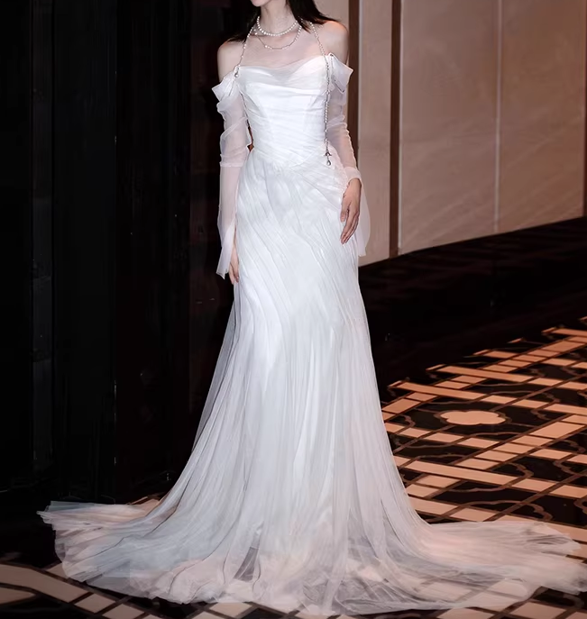 Glamorous White Off-the-Shoulder Tulle Mermaid Wedding Dress with Sheer Long Sleeves TP5656
