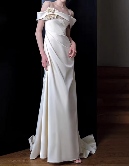 Elegant Ivory Satin Off-the-Shoulder Mermaid Floral Applique Wedding Dress TP5659